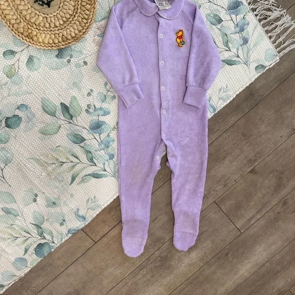 Vintage Disney Winnie Pooh Baby Girl Pajamas Lavender Button Footie Terry Cloth